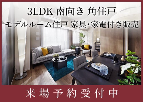 3LDK 南向き 角住戸。モデルルーム住戸 家具・家電付き販売。来場予約受付中