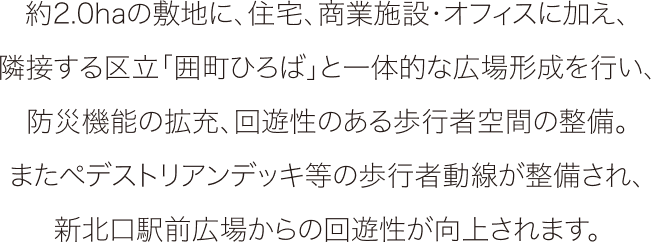 約2.0haの敷地に、住宅、商業施設・オフィスに加え、 隣接する区立「囲町ひろば」と一体的な広場形成を行い、 防災機能の拡充、回遊性のある歩行者空間の整備。 またペデスト